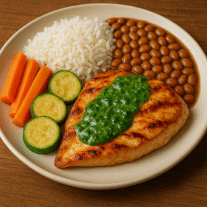 FRANGO GRELHADO AO MOLHO DE ESPINAFRE + ARROZ + FEIJÃO + ABOBRINHA PORTUGUESA + CENOURA EM RODELAS