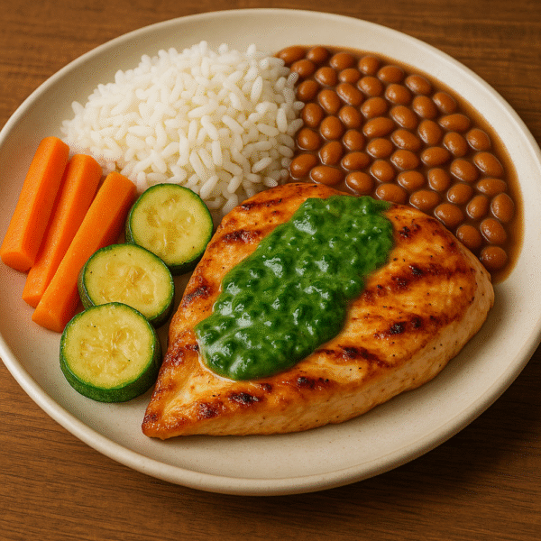 FRANGO GRELHADO AO MOLHO DE ESPINAFRE + ARROZ + FEIJÃO + ABOBRINHA PORTUGUESA + CENOURA EM RODELAS