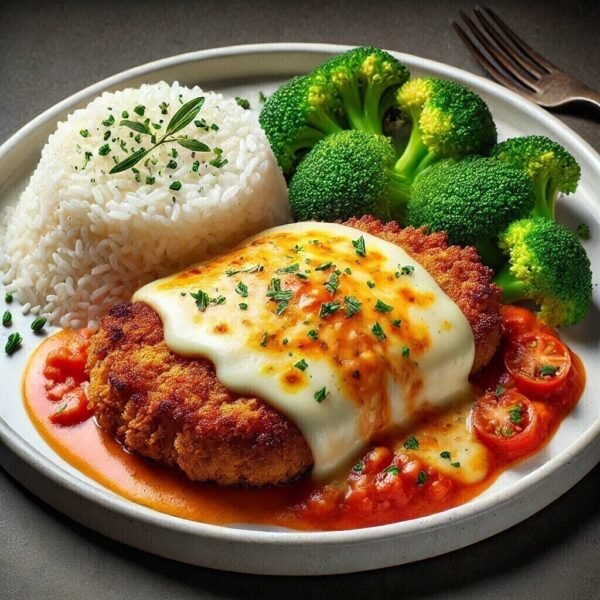 FRANGO À PARMEGIANA + ARROZ + FEIJÃO + BRÓCOLIS + CENOURA EM RODELAS