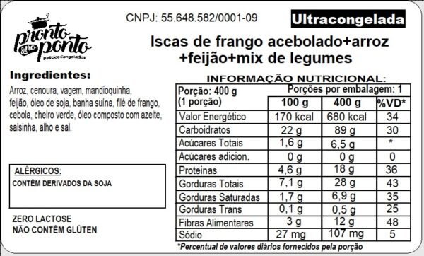 ISCAS DE FRANGO ACEBOLADO + ARROZ + FEIJÃO + MIX DE LEGUMES - Imagem 2