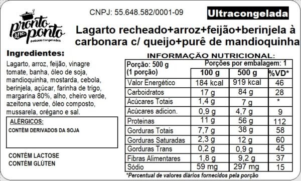 LAGARTO RECHEADO + ARROZ + FEIJÃO + BERINJELA À CARBONARA COM QUEIJO + PURÊ DE MANDIOQUINHA - Imagem 2
